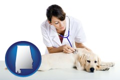 alabama map icon and a female veterinarian caring for a Labrador retriever