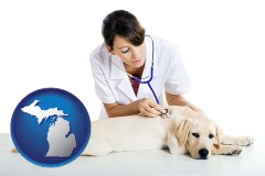 michigan map icon and a female veterinarian caring for a Labrador retriever