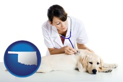 oklahoma map icon and a female veterinarian caring for a Labrador retriever