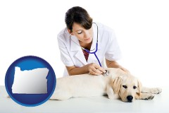 oregon map icon and a female veterinarian caring for a Labrador retriever